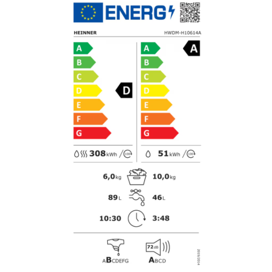 Masina de spalat rufe cu uscator Heinner HWDM-H10614A, Spalare 10 kg, Uscare 6 kg, 1400 rpm, Clasa A, Motor Inverter, Display LED, Alb