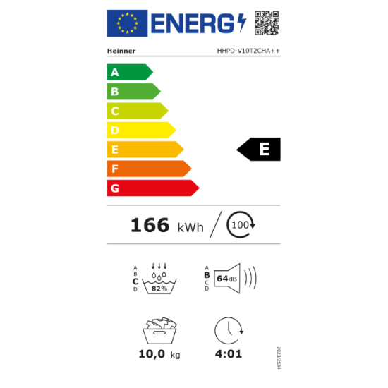Uscator de rufe Heinner HHPD-V10T2CHA++, Pompa de caldura, 10 kg, 15 programe, Clasa E, Display LED, Lumina cuva, Blocare Acces copii, Alb