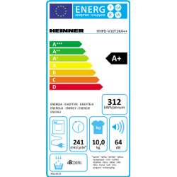 Uscator de rufe Heinner HHPD-V10T2KA++, Pompa de caldura, 10 kg, 15 programe, Clasa A+/E, Display LED, Iluminat cuva, Usa reversibila, Indicator curatare filtru scame, Indicator rezervor colectare apa plin, Blocare acces copii, Alb