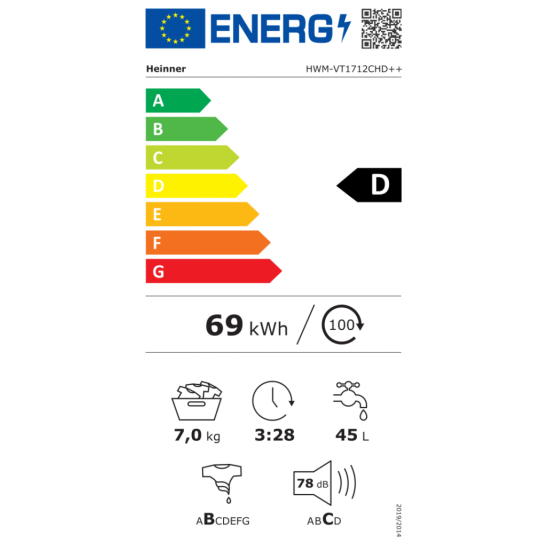 Masina de spalat rufe Heinner HWM-VT1712CHD++, 7 kg, 1200 RPM, Clasa D, Alb