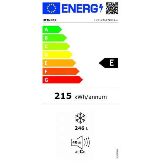 Lada frigorifica Heinner HCF-246CNHE++, 246 l, Clasa E, Compresor inverter, Control electronic, Iluminare LED, Functionalitate frigider, Alb