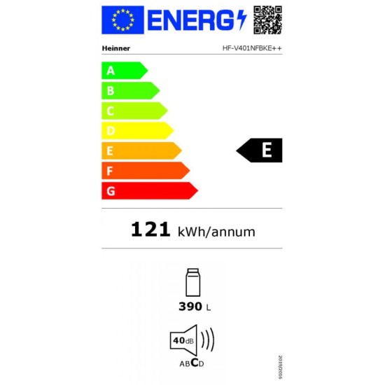 Frigider cu o usa Heinner HF-V401NFBKE++, 389 l, No Frost, Clasa E, Control electronic, Iluminare LED, H 186 cm, Negru