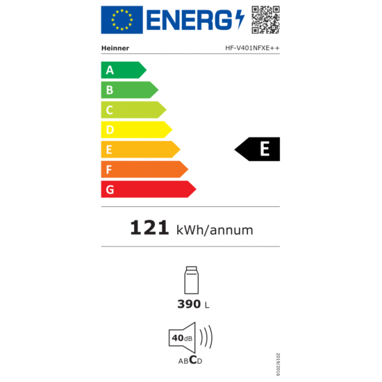 Frigider cu o usa Heinner HF-V401NFXE++, 389 l, No Frost, Clasa E, Iluminare LED, Control electronic, H 186 cm, Inox
