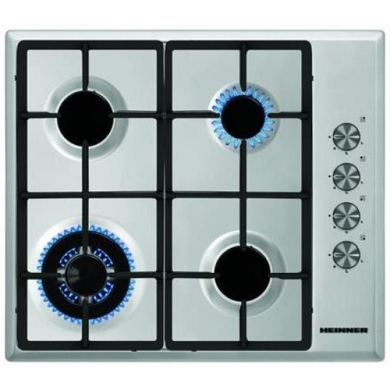 Plita incorporabila Heinner HBH-S584WI-IX, Gaz, 4 Arzatoare, Aprindere electrica, Gratar fonta, WOK, 60 cm, Inox