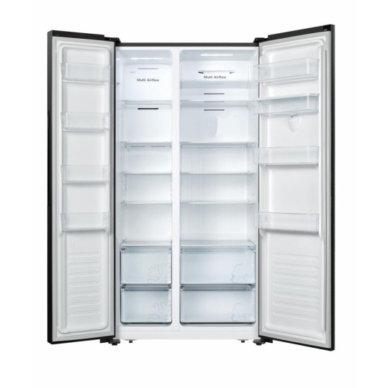 Side by side Heinner HSBS-HS519NFBKWDE++, 519 l, Full No Frost, Clasa E, Dozator de apa, Display touch, Alarma usa deschisa, H 1786 cm, Negru