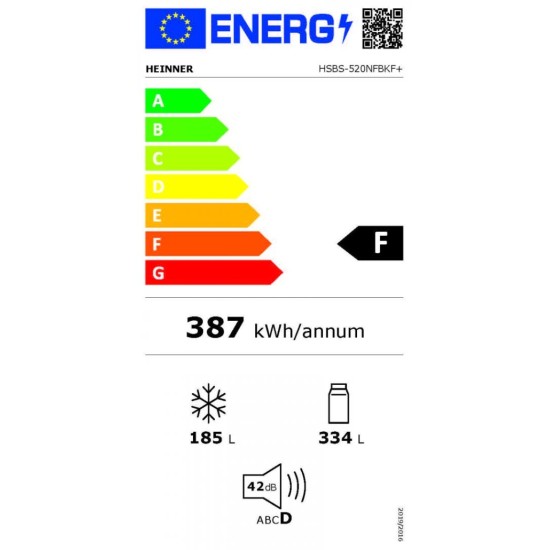 Side by side Heinner HSBS-520NFBKF+, 519l, Full No Frost, Multi Air Flow, Control touch, Clasa F, H 178.6, Negru