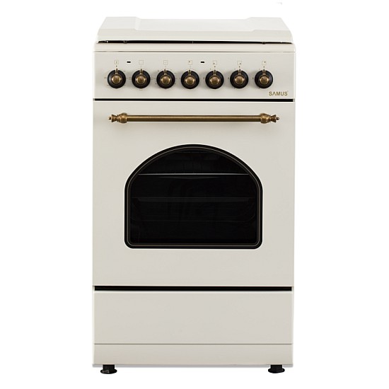 Aragaz Rustic Samus SR550EL3C1, 3 arzatoare pe gaz + 1 electric, Aprindere electrica, Cuptor electric, 48 l, 3 functii, 2200 W, timer mecanic, Beige