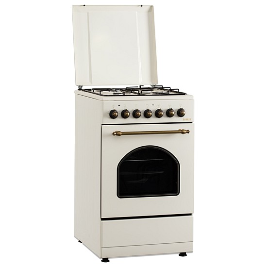 Aragaz Rustic Samus SR550EL3C1, 3 arzatoare pe gaz + 1 electric, Aprindere electrica, Cuptor electric, 48 l, 3 functii, 2200 W, timer mecanic, Beige
