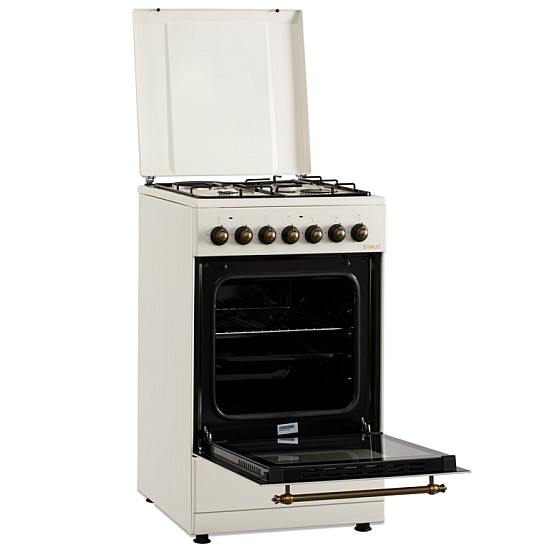 Aragaz Rustic Samus SR550EL3C1, 3 arzatoare pe gaz + 1 electric, Aprindere electrica, Cuptor electric, 48 l, 3 functii, 2200 W, timer mecanic, Beige