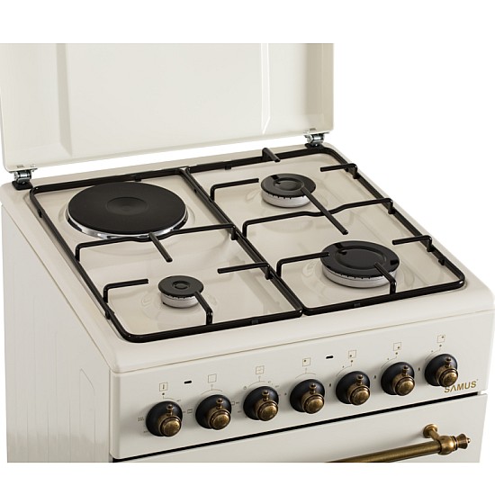 Aragaz Rustic Samus SR550EL3C1, 3 arzatoare pe gaz + 1 electric, Aprindere electrica, Cuptor electric, 48 l, 3 functii, 2200 W, timer mecanic, Beige
