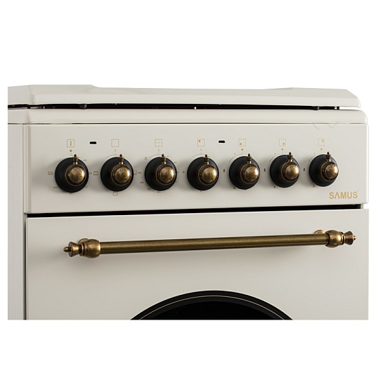 Aragaz Rustic Samus SR550EL3C1, 3 arzatoare pe gaz + 1 electric, Aprindere electrica, Cuptor electric, 48 l, 3 functii, 2200 W, timer mecanic, Beige