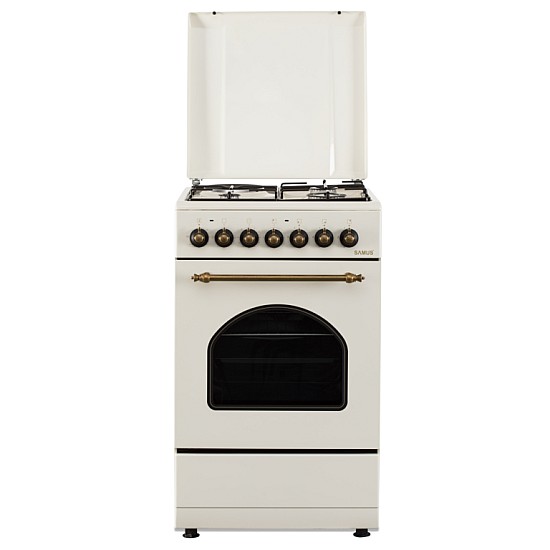 Aragaz Rustic Samus SR550EL3C1, 3 arzatoare pe gaz + 1 electric, Aprindere electrica, Cuptor electric, 48 l, 3 functii, 2200 W, timer mecanic, Beige
