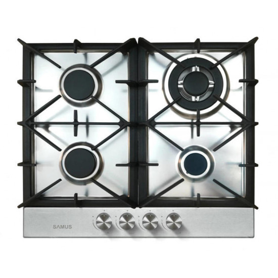 Plita incorporabila Samus PSG-64SX7, 4 arzatoare pe gaz, Aprindere electrica, Grilaj fonta, Inox