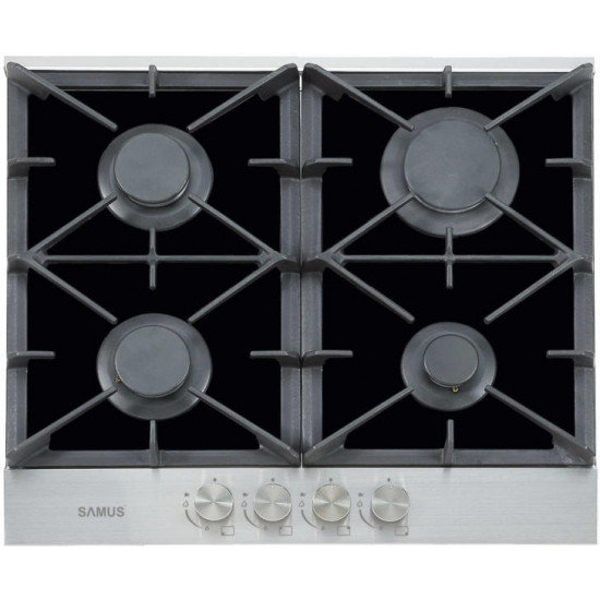 Plita incorporabila Samus PSG-64SGX1, Gaz, 4 arzatoare, Aprindere electrica, Sticla/Inox