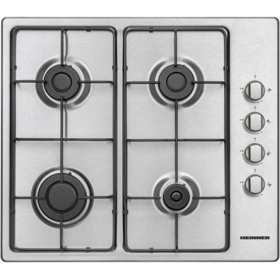 Plita incorporabila Heinner HBH-V4IEIX, Gaz, 4 arzatoare, Arzator wok, Aprindere electrica integrata, Control lateral, 58 cm, Inox