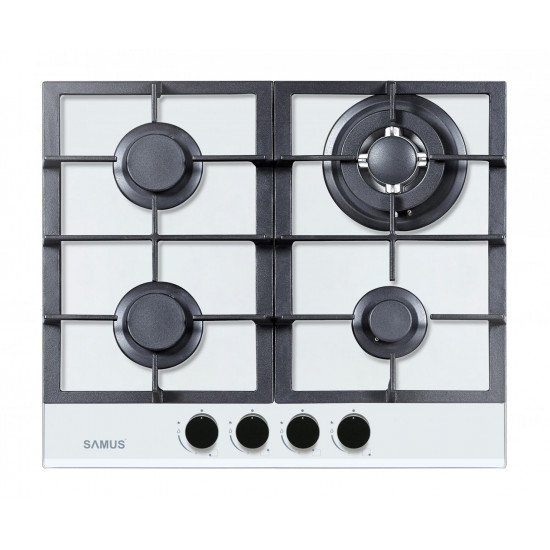 Plita incorporabila Samus PSG-64SG3 White, Gaz, 4 arzatoare, Aprindere electrica, Sticla alba