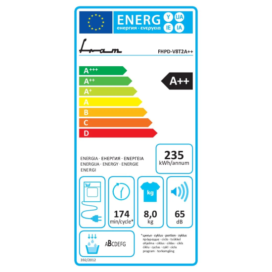 Uscator de rufe Fram FHPD-V8T2A++, Pompa de caldura, 8 kg, 15 programe, Clasa A++, Iluminare cuva, Indicator curatare filtru scame, Blocare acces copii, Alb