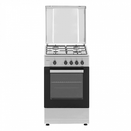 Aragaz Samus SM 450BXS, 4 Arzătoare, Siguranță plită + cuptor, Geam dublu la cuptor, Cuptor gaz, Argintiu