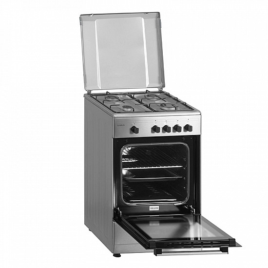 Aragaz Samus SM 450BXS, 4 Arzătoare, Siguranță plită + cuptor, Geam dublu la cuptor, Cuptor gaz, Argintiu