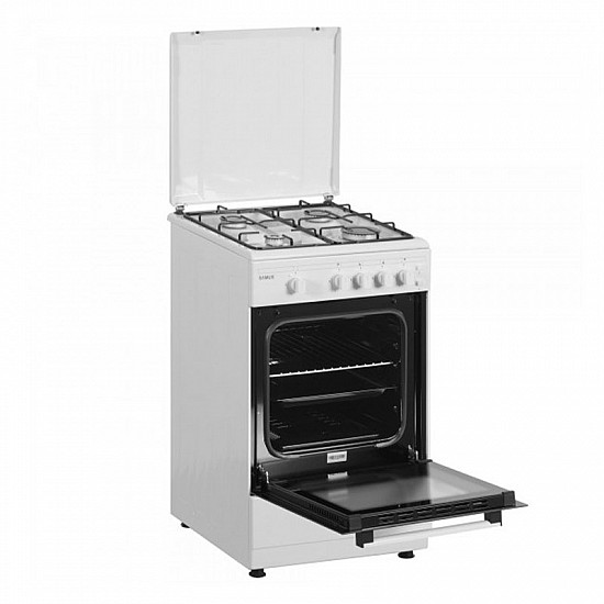 Aragaz Samus SM450APBS, 4 Arzatoare, Cuptor gaz, Aprindere electrica plita, Alb