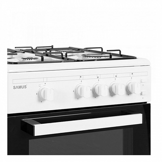 Aragaz Samus SM450APBS, 4 Arzatoare, Cuptor gaz, Aprindere electrica plita, Alb
