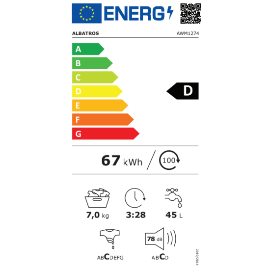 Masina de spalat rufe Albatros AWM1274,7 kg, Slim, 15 Programe, 1200 Rotatii, Clasa energetica D, Termostat reglabil, Program ECO 40-60°C, Blocare acces copii, Alb