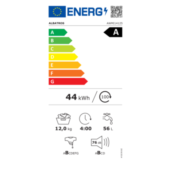 Masina de spalat rufe Albatros AWMI14125, 12 kg, Motor inverter, Displat led, 16 programe, 1400 rotatii, Clasa energetica A – 20%, Reincarcare cu rufe in timpul spalarii, Alb