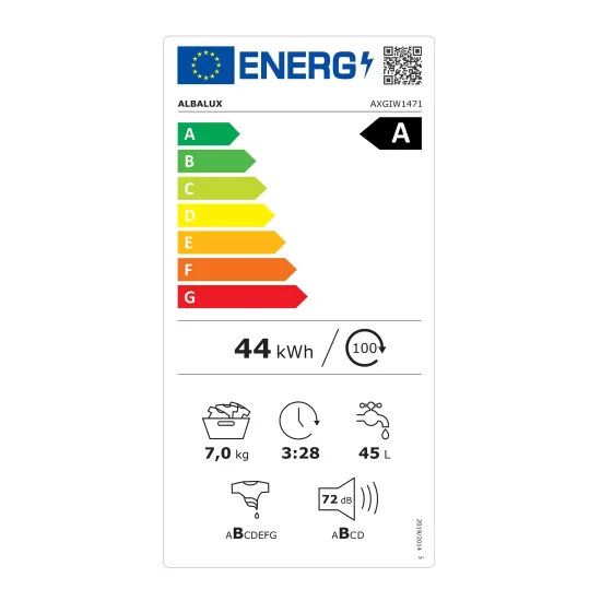 Masina de spalat rufe Albalux AXGIW1471, 7 kg, 1400 Rotatii, Motor Inverter, Clasa energetica B, 16 Programe, Functie Hygiene Pro, Termostat reglabil, Spalare cu aburi, Alb/Negru