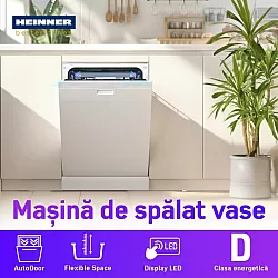 Masina de spalat vase incorporabila Heinner HDW-BIM45710AD+++, 10 seturi, 7 programe, Display LED, Auto-door opening, Aquastop, Clasa D, 45 cm