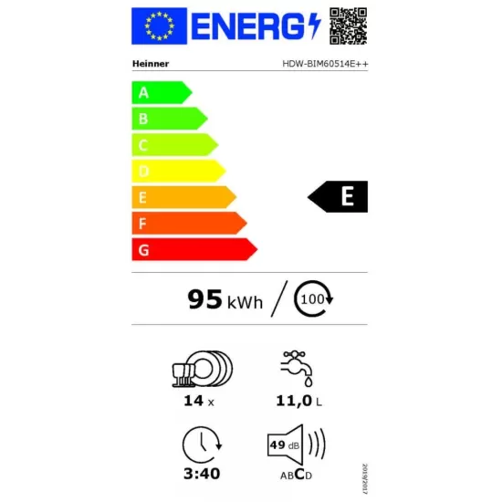 Masina de spalat vase incorporabila Heinner HDW-BIM60514E++, 14 seturi, 5 programe, Control electronic, Aquastop, Display silver, Clasa E, 60 cm
