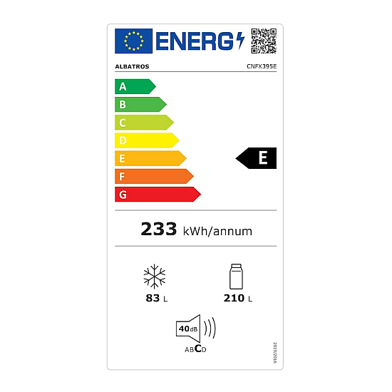 Combina frigorifica Albatros CFX395E, 315 L, H 186 cm, termostat reglabil, dezghetare automata frigider, usi reversibile, lumina interioara tip LED, picioare reglabile, clasa E, Argintie