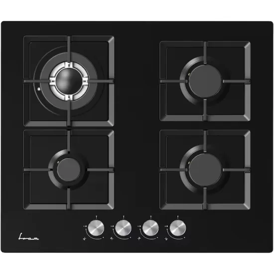 Plita incorporabila Fram FBH-M4IWF-GBK, Gaz, 4 arzatoare, Gratar fonta, Wok, Aprindere electrica, Dispozitiv de siguranta, 60 cm, Sticla neagra