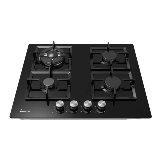 Plita incorporabila Fram FBH-M4IWF-GBK, Gaz, 4 arzatoare, Gratar fonta, Wok, Aprindere electrica, Dispozitiv de siguranta, 60 cm, Sticla neagra