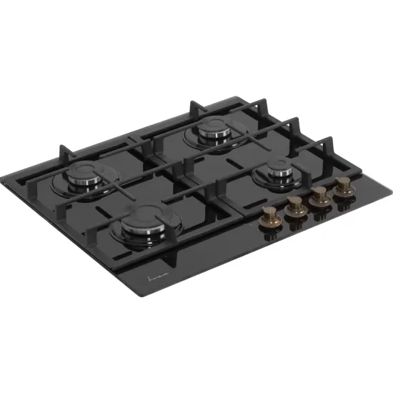 Plita incorporabila Fram FBH-S4IWF-GRBK, Gaz, 4 arzatoare, Aprindere electrica, Gratar fonta, Duze GPL incluse, 60 cm, Sticla neagra