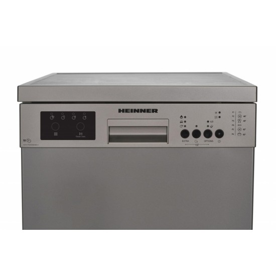 Masina de spalat vase Heinner HDW-FS4506DSE++, 10 Seturi, 6 programe, Clasa E, Half load, Aquastop, 45 cm, Antracit