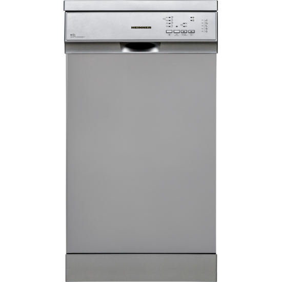 Masina de spalat vase Heinner HDW-FS4552DSE++, 10 seturi, 5 programe, Clasa E, Aquastop, Pornire programata, 45 cm, Argintiu