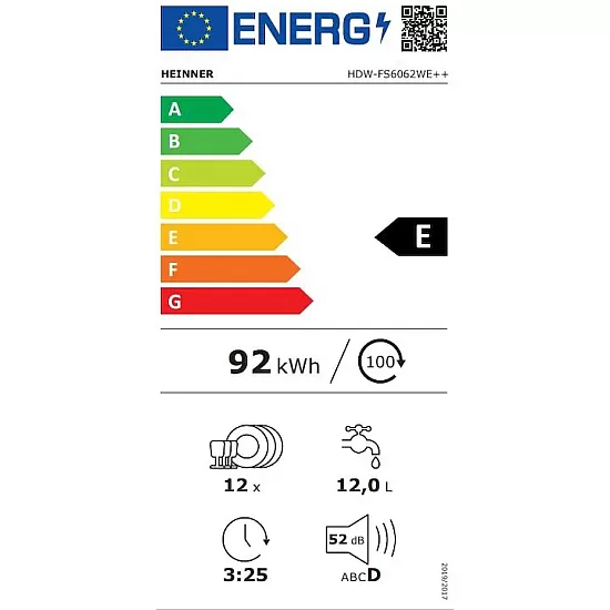 Masina de spalat vase Heinner HDW-FS6062DSE++, 12 seturi, 6 programe, Clasa E, Aquastop, Pornire programata, 60 cm, Argintiu