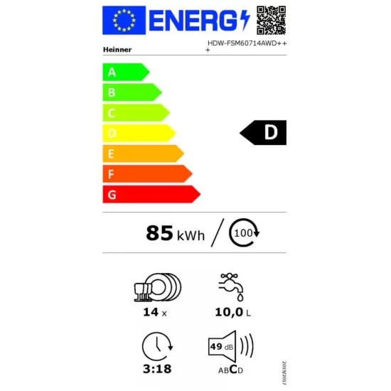Masina de spalat vase Heinner HDW-FSM60714AWD+++, 14 seturi, 7 programe, Auto-Door opening, Control electronic, Display LED, Aquastop, Clasa D, 60 cm, Alb