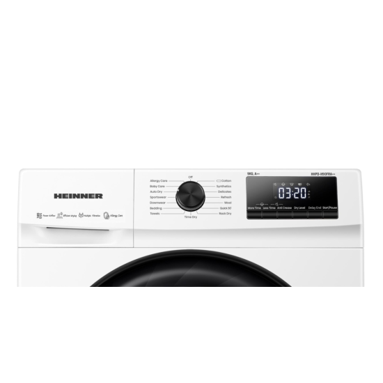 Uscator de rufe Heinner HHPD-H90FRA++, Pompa de caldura, 9 kg, 15 programe, Clasa A++, Display LED, Power AirFlow, Alb