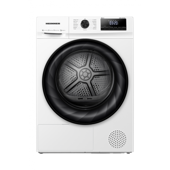 Uscator de rufe Heinner HHPD-H90FRA++, Pompa de caldura, 9 kg, 15 programe, Clasa A++, Display LED, Power AirFlow, Alb