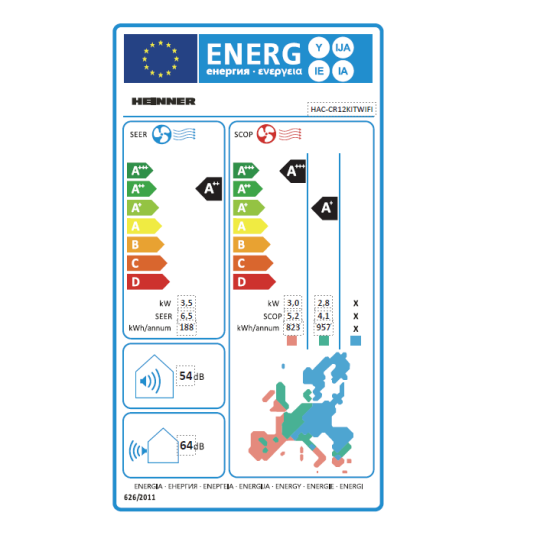 Aparat de aer conditionat Heinner Crystal HAC-CR12KITWIFI, 12000 BTU, Kit instalare inclus, control WIFI Clasa energetica Racire A++/ Incalzire A+, Follow Me, Turbo, Autocuratare, Alb