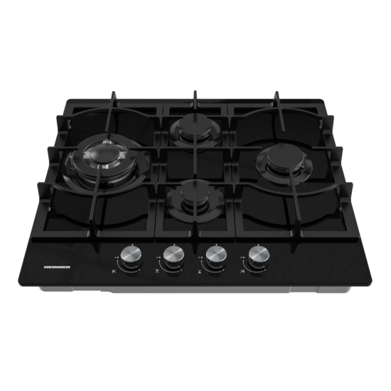 Plita incorporabila Heinner HBH-M452IWFGBK, Gaz, 4 arzatoare, Gratar fonta, Wok, Aprindere electrica, Dispozitiv de siguranta, 60 cm, Sticla neagra