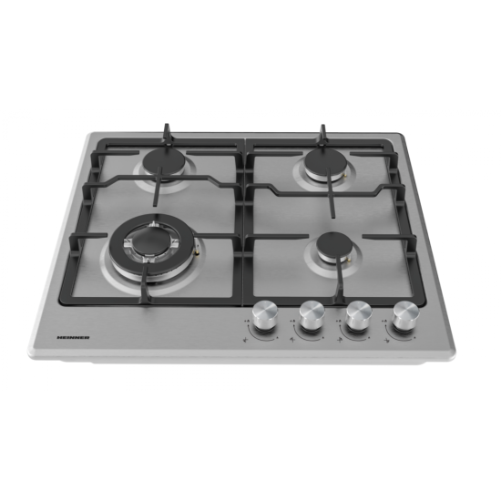 Plita incorporabila Heinner HBH-M495IWFIX, Gaz, 4 arzatoare, Gratar fonta, Wok, Aprindere electrica, Dispozitiv de siguranta, 60 cm, Inox