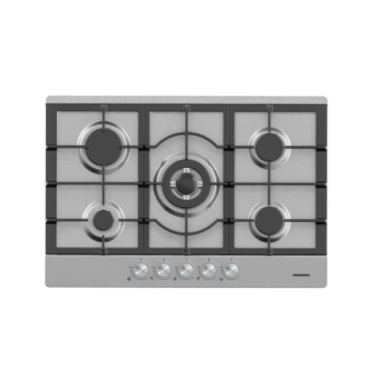Plita incorporabila Heinner HBH-M705IWFIX, Gaz, 5 arzatoare, Gratar fonta, Wok, Aprindere electrica, Dispozitiv de siguranta,75 cm, Inox