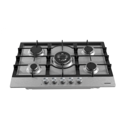 Plita incorporabila Heinner HBH-M705IWFIX, Gaz, 5 arzatoare, Gratar fonta, Wok, Aprindere electrica, Dispozitiv de siguranta,75 cm, Inox