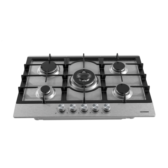 Plita incorporabila Heinner HBH-M705IWFIX, Gaz, 5 arzatoare, Gratar fonta, Wok, Aprindere electrica, Dispozitiv de siguranta,75 cm, Inox