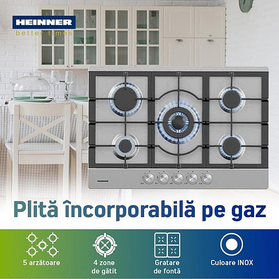 Plita incorporabila Heinner HBH-M705IWFIX, Gaz, 5 arzatoare, Gratar fonta, Wok, Aprindere electrica, Dispozitiv de siguranta,75 cm, Inox