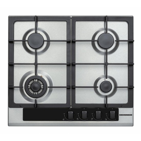 Plita incorporabila Heinner HBH-V4IWFFCIX, Gaz, 4 arzatoare, Arzator wok, Aprindere electrica integrata, 58 cm, Inox