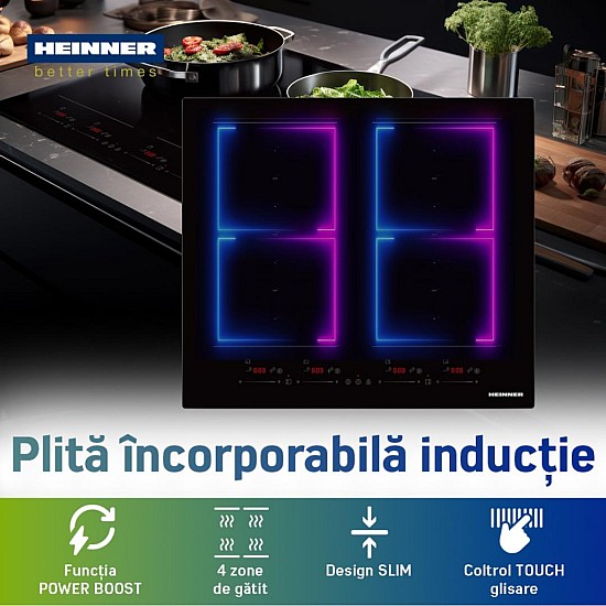 Plita incorporabila Heinner HBHI-M4ZB2FXSMTC, Inductie, 4 zone de gatit, Bridge, Boost, Slim, Control touch, Timer, Protectie copii, Indicator caldura reziduala, 60 cm, Negru