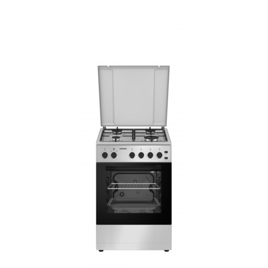 Aragaz Heinner HFSC-S50LITGSL, Gaz, 4 arzatoare, Aprindere electrica plita/cuptor, Dispozitiv de siguranta plita/cuptor, Timer, Grill, Lumina cuptor, 50 cm, Argintiu